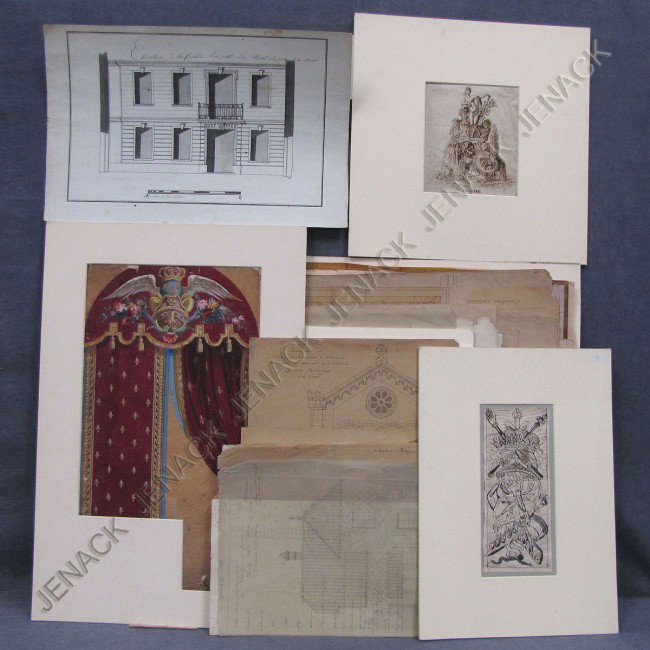 LOT FRENCH SCHOOL (19TH CENTURY), PEN/INK: LOT FRENCH SCHOOL (19TH CENTURY), PEN/INK, GRAPHITE, AND ARCHITECTURAL DRAWINGS INCLUDING FOUNTAINS, FACADES, INTERIORS, GARDENS, ETC., C.1840'S