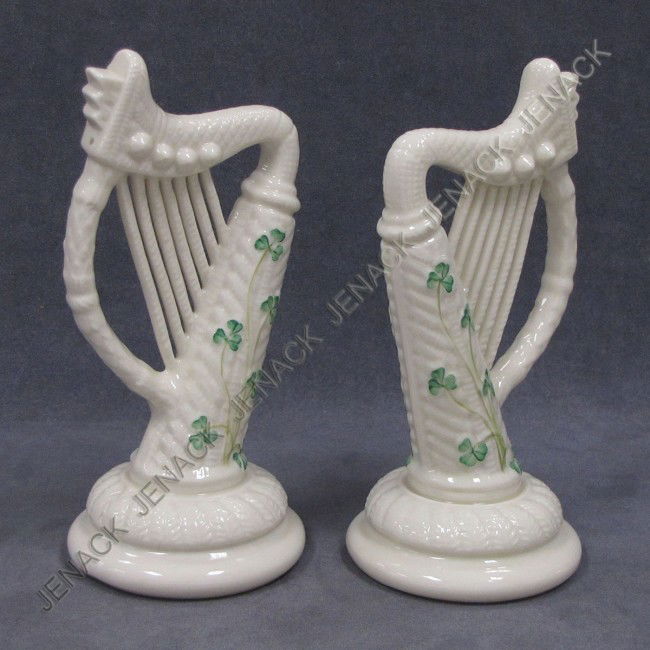 PAIR BELLEEK PORCELAIN "IRISH HARPS, BROWN MARK: PAIR BELLEEK PORCELAIN "IRISH HARPS, BROWN MARK. HEIGHT 8 3/4"
