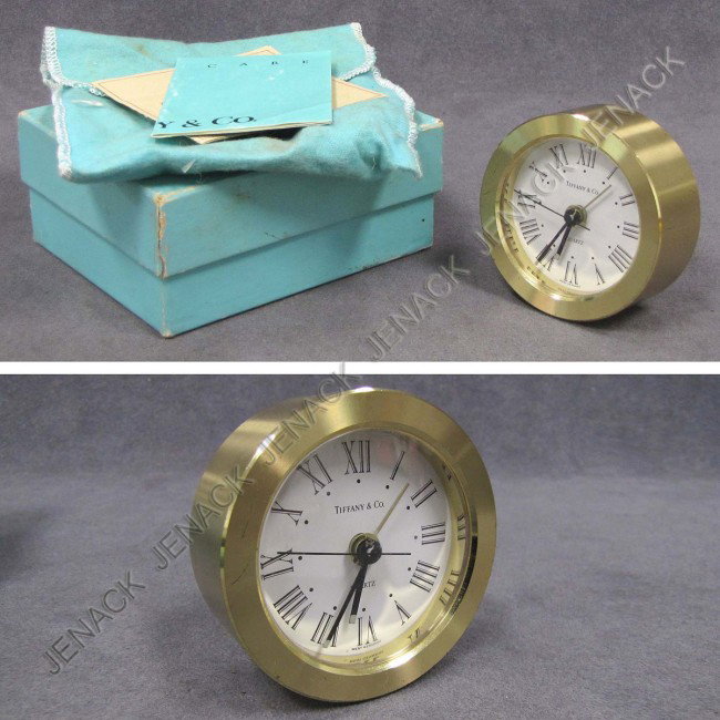 TIFFANY & CO. BRASS QUARTZ ALARM CLOCK: TIFFANY & CO. BRASS QUARTZ ALARM CLOCK. HEIGHT 2 3/4" WITH BAG/BOX