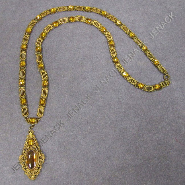 VINTAGE BRASS & PASTE SET NECKLACE: VINTAGE BRASS & PASTE SET NECKLACE. LENGTH 30"