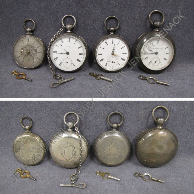 LOT (4) ASSORTED VINTAGE POCKET WATCHES: LOT (4) ASSORTED VINTAGE SILVER AND COIN SILVER OPEN FACE KEY WIND POCKET WATCHES INCLUDING T.F. COOPER, LONDON, C.1850, 46MM; SPIRAL BREQUET 19TH CENTURY, 50MM; COLUMBUS WATCH CO., 60MM; AMERICAN WAL