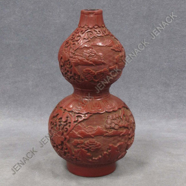 CHINESE CARVED CINNABAR DOUBLE GOURD VASE: CHINESE CARVED CINNABAR DOUBLE GOURD VASE, SIGNED. HEIGHT 9"