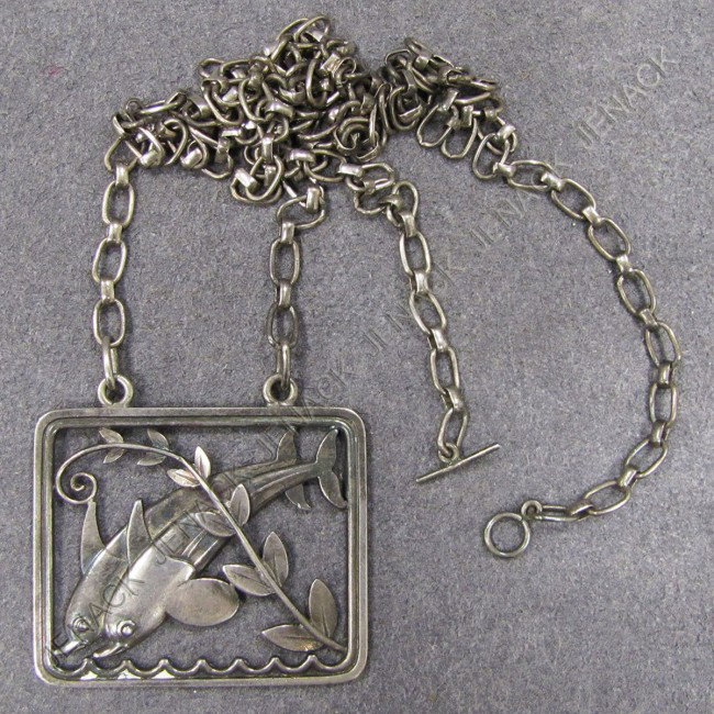 GEORG JENSEN STERLING TWIN DOLPHIN PENDANT: GEORG JENSEN STERLING TWIN DOLPHIN PENDANT WITH 27-INCH CHAINS, 1933-45. TWT 0.75 OZT