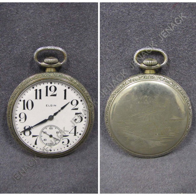 ELGIN SILVERED OPEN FACE 17-JEWEL RR POCKET WATCH: VINTAGE ELGIN SILVERED OPEN FACE 17-JEWEL RR POCKET WATCH. 50MM