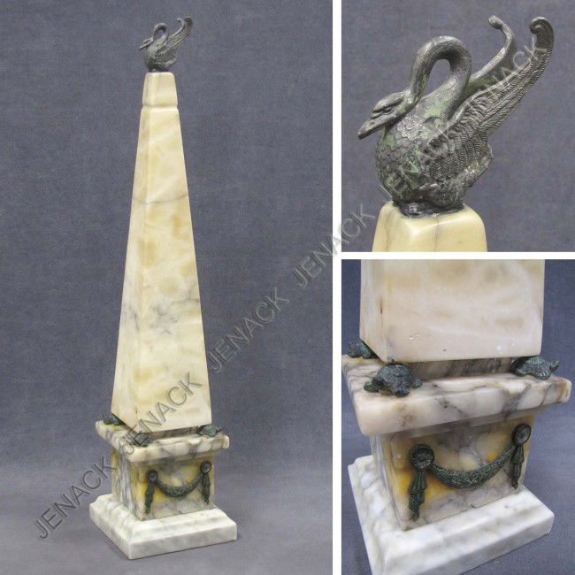 FRENCH EMPIRE STYLE MARBLE, METAL MOUNTED OBELISK: FRENCH EMPIRE STYLE MARBLE AND METAL MOUNTED OBELISK. HEIGHT 26"