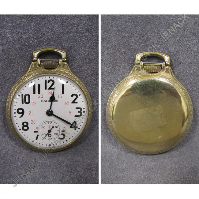HAMILTON 992B 21-JEWEL ADJ 6P RR POCKET WATCH: VINTAGE HAMILTON GOLD FILLED 992B 21-JEWEL ADJ 6P (TWO TONE) OPEN FACE RR POCKET WATCH, #C52388, 50MM