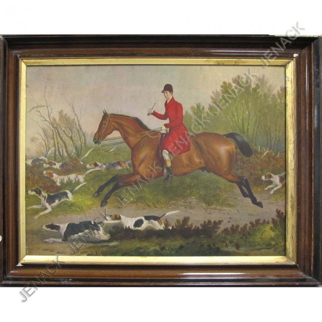 AFTER R.B. DAVIS (BRITISH 1782-1854) CHROMOLITH: AFTER R.B. DAVIS (BRITISH 1782-1854) HAND HIGHLIGHTED CHROMOLITHOGRAPH HUNT SCENE, SIGNED (IN PLATE) 1835. FRAMED 27 X 36"