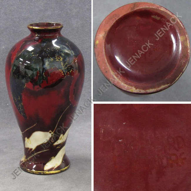 BERNARD MOORE FLAMBE ART POTTERY VASE, OWL/RATS: BERNARD MOORE FLAMBE ART POTTERY VASE, OWL/RATS, SIGNED. HEIGHT 6 3/4"