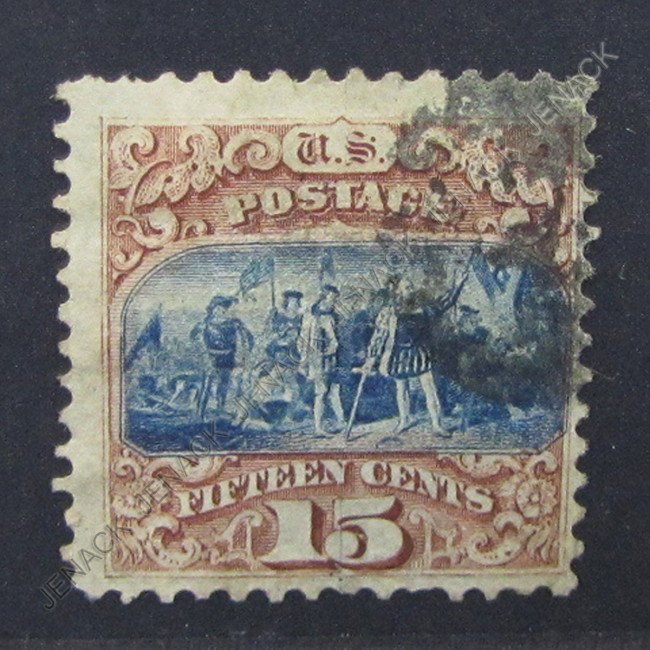 U.S. POSTAGE STAMP, SCOTT CATALOG # 118: U.S. POSTAGE STAMP, COLUMBUS LANDING, SCOTT CATALOG # 118. (USED, HINGED)