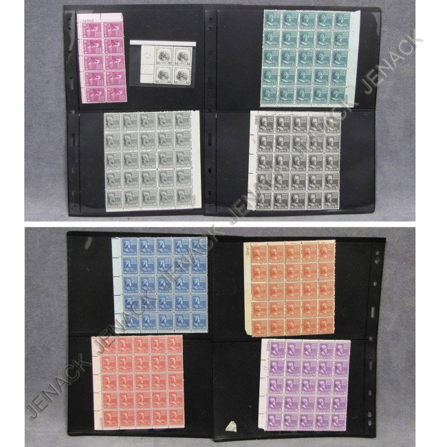 LOT (9 BLOCKS) U.S. POSTAGE STAMP(S): LOT (9 BLOCKS) U.S. POSTAGE STAMP(S), TWO STOCK CARDS BLOCKS OF 25 INCLUDING PLATE NUMBER; 1937 PRESIDENTIAL ISSUE; SCOTT CATALOG 3818, 819, 821, 822, 824, 827, 828, BLOCK $2 HARDING SCOTT CATALOG #83