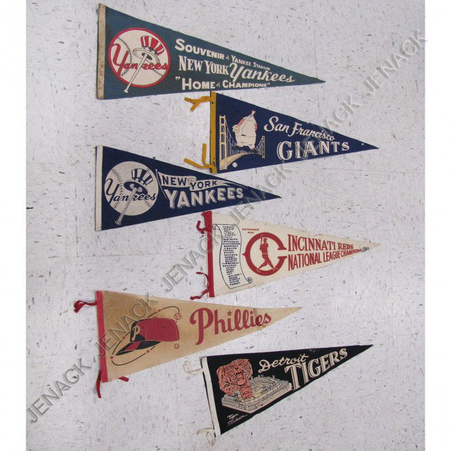 LOT (6) VINTAGE BASEBALL FELT PENNANTS: LOT (6) VINTAGE BASEBALL FELT PENNANTS INCLUDING YANKEES, GRANTS, REDS, PHILLIES, TIGERS, 1960'S