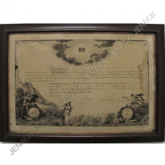 SOCIETY OF THE CINCINNATI MEMBERSHIP CERTIFICATE: SOCIETY OF THE CINCINNATI MEMBERSHIP CERTIFICATE FOR MAJOR GENERAL JOHN E. WOOL, JULY 4, 1849, SIGNED BY ANTHONY LAMB AS PRESIDENT. FRAMED AND GLAZED-19 X 25 1/2" (WATER STAINS)