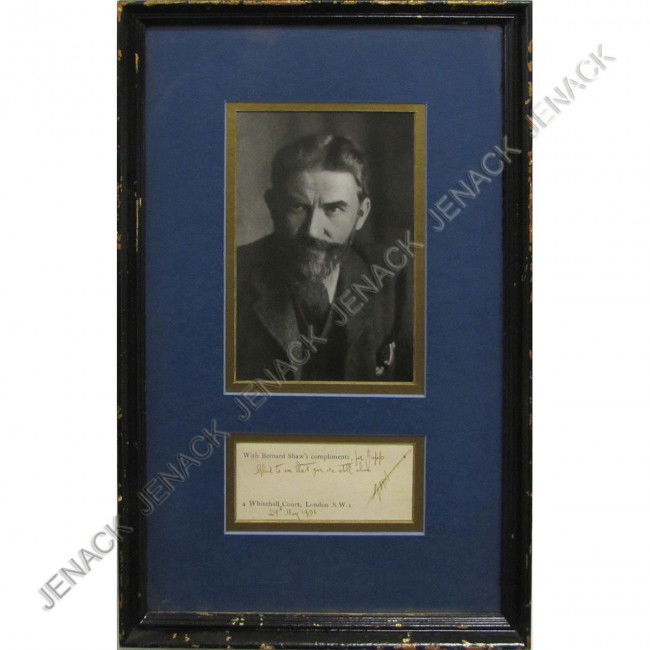 GEORGE BERNARD SHAW (BRITISH 1859-1930): GEORGE BERNARD SHAW (BRITISH 1859-1930) IRISH BORN DRAMATIST, CRITIC & ESSAYIST, PRINTED NOTE WITH HAND NOTATION, SIGNED 29TH MAY 1901 WITH PHOTOGRAPH. FRAMED & GLAZED 16 X 10"