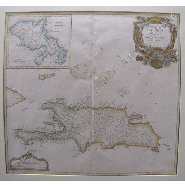 HAND COLORED ENGRAVED MAP, ISLES DE SAINT DOMINGUE: HAND COLORED ENGRAVED MAP, ISLES DE SAINT DOMINGUE (HISPANIOLA & MARTINIQUE), SIGNED ROBERT DE VAUGONDY (FRENCH 18TH CENTURY). PLATE 19 1/4 X 21 3/8"; SHEET 19 5/8 X 25 1/4"