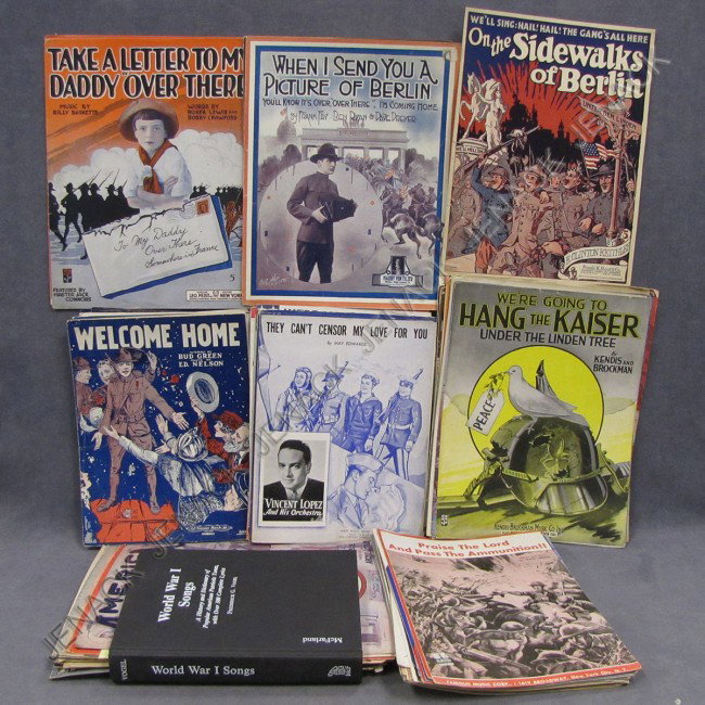LOT APPROXIMATELY (180) WWI/II SHEET MUSIC: LOT APPROXIMATELY (180) ASSORTED WWI/II SHEET MUSIC AND VOLUME-WORLD WAR I SONGS, BY FREDERICK VOGEL, 1995 WITH SHEET MUSIC PAGE ILLUSTRATIONS