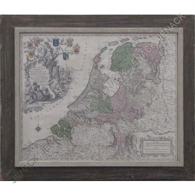 TOBIAS CONRAD LOTTER HAND COLORED ENGRAVED MAP: TOBIAS CONRAD LOTTER HAND COLORED ENGRAVED MAP OF THE BELGIAN FEDERATION, 1761. SIDE 18 3/4 X 23"; FRAMED AND GLAZED-24 X 28"