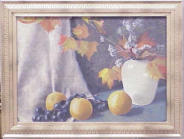 OIL/BD, MANNER OF JANE PETERSON: OIL ON ARTIST BOARD, ARRANGEMENT OF GRAPES & ORANGES ON TABLE, MANNER OF JANE PETERSON (AMERICAN, 1876-1965). 15 X 20"