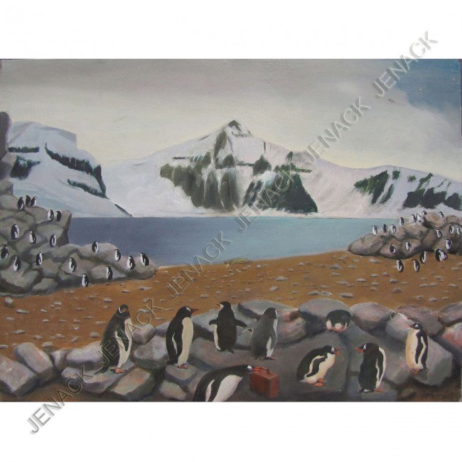 LOUIS WITKIN (AMERICAN 1913-2010), OIL ON BOARD: LOUIS WITKIN (AMERICAN 1913-2010), OIL ON BOARD, ANTARCTIC PENGUINS, ESTATE STAMP VERSO INVENTORY #18. 12 X 16"