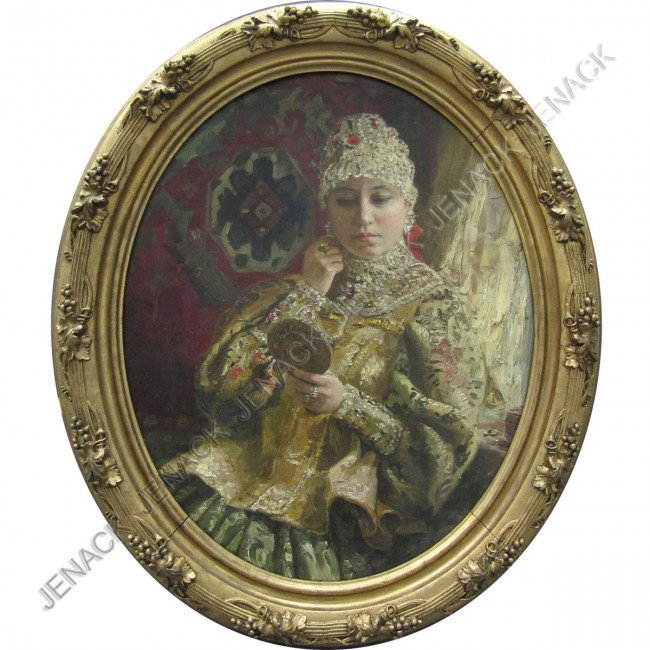 RUSSIAN SCHOOL, OIL ON ARTIST PANEL, YOUNG GIRL: RUSSIAN SCHOOL, OIL ON ARTIST PANEL, YOUNG GIRL WITH MIRROR, SIGNED ILLEGIBLY. 20 X 16"; FRAMED 25 X 21"