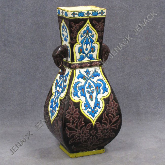 VINTAGE SARREGUEMINES FAIENCE ORIENTALIST VASE: VINTAGE SARREGUEMINES FAIENCE GLAZE ORIENTALIST STYLE VASE, SIGNED 19TH CENTURY. HEIGHT 14 1/2"