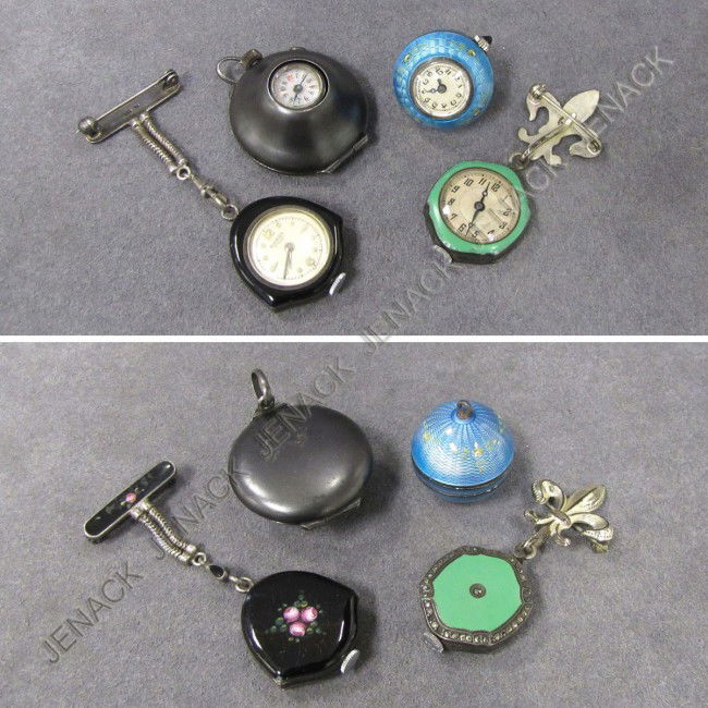 LOT (4) INCLUDING BUCHERER, STERLING/ENAMEL WATCH: LOT (4) INCLUDING BUCHERER, STERLING/ENAMEL PENDANT WATCH; STERLING, MARCASITE & ENAMEL PENDANT WATCH; NIELLO ENAMEL SILVER PENDANT WATCH; STEEL PARE CASED BUTTON HOLE PENDANT WATCH