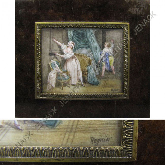 FRENCH SCHOOL (19TH CENTURY) PORTRAIT MINIATURE: FRENCH SCHOOL (19TH CENTURY) MINIATURE WATERCOLOR ON IVORY "THE FAVORED LOVER", SIGNED REGNIER, TITLED VERSO, 19TH CENTURY. 2 1/2 X 3"; FRAMED AND GLAZED 4 1/4 X 4 3/4" **CANNOT EXPORT IVORY**