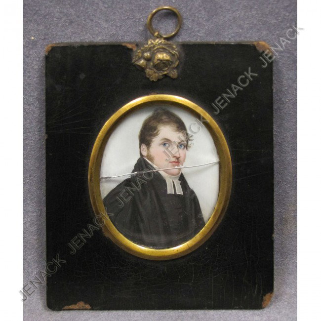 FREDERICK BUCK (IRISH 1771-1839) PORTRAIT MINIATUR: FREDERICK BUCK (IRISH 1771-1839) WATERCOLOR ON IVORY, PORTRAIT MINIATURE OF A CLERGYMAN, 19TH CENTURY. 2 1/2 X 2"; FRAMED/GLAZED 4 1/2 X 3 3/4" (GLASS CRACKED, IVORY BOWED) **CANNOT EXPORT IVORY**
