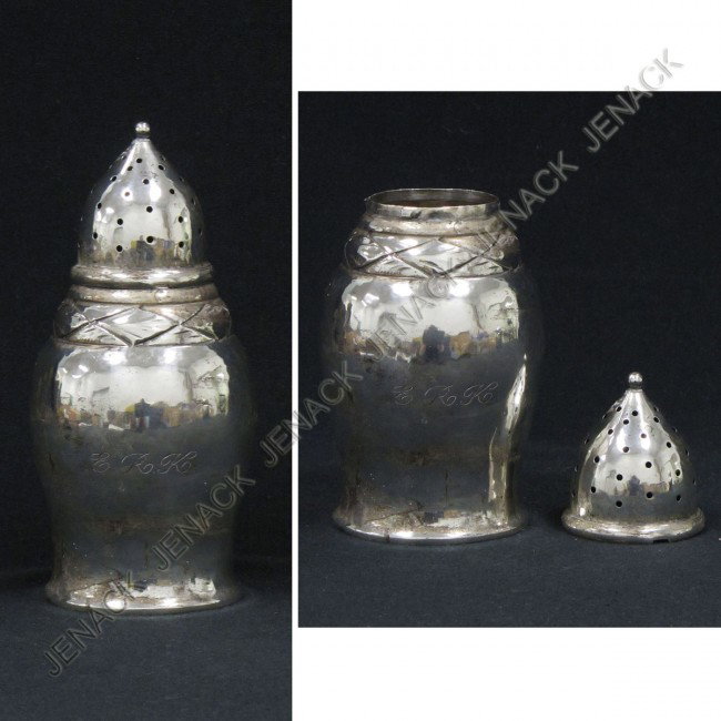 DANISH SILVER SUGAR SHAKER, SIGNED C.F. HEISE: DANISH SILVER SUGAR SHAKER, SIGNED C.F. HEISE, 1930. HEIGHT 6 1/2"; 3.55 OZT