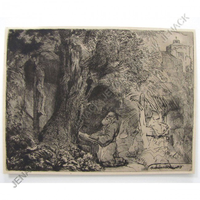 AFTER REMBRANDT VAN RIJN, ETCHING/DRY POINT: AFTER REMBRANDT VAN RIJN, ETCHING/DRY POINT, ST. FRANCIS BENEATH A TREE, PRAYING, BARTSCH, 107 (II/II), POSSIBLY LATER IMPRESSION. SHEET 7 7/16 X 9 11/16"