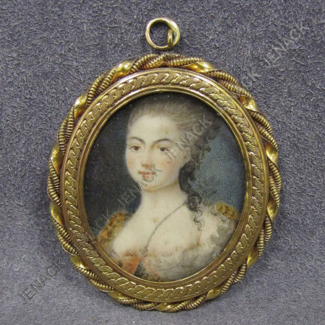FINE FRENCH SCHOOL PORTRAIT MINIATURE: FINE FRENCH SCHOOL (18/19TH CENTURY) WATERCOLOR ON IVORY, PORTRAIT MINIATURE OF A YOUNG WOMAN, PINCHBECK FRAME. 1 1/2 X 1 1/8"; FRAMED 2 X 1 3/4" **CAN NOT EXPORT IVORY**