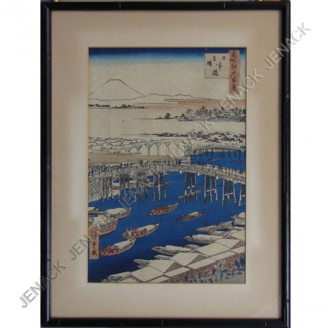 HIROSHIGE NIHONBASHI WOOD BLOCK PRINT: HIROSHIGE NIHONBASHI WOOD BLOCK PRINT, "THE NIHON BRIDGE", VIEW FROM ONE HUNDRED FAMOUS VIEWS OF EDO, 1856, SIGNED. SIGHT 13 X 8 1/2"; FRAMED AND GLAZED-18 X 13 1/2"