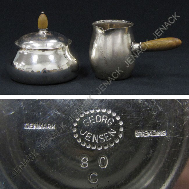 PAIR GEORG JENSEN STERLING "BEADED" CREAMER/SUGAR: PAIR GEORG JENSEN STERLING "BEADED" CREAMER AND SUGAR, DOTTED OVAL MARK, #80C. GROSS WEIGHT 11.57 OZT