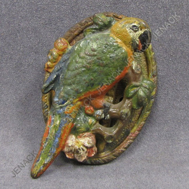 VINTAGE PAINTED CAST IRON PARROT DOOR KNOCKER: VINTAGE PAINTED CAST IRON PARROT DOOR KNOCKER. HEIGHT 4 1/2"