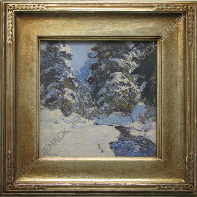 HOBART NICHOLS (AMERICAN 1869-1962), OIL : HOBARTT NICHOLS (AMERICAN 1869-1962), OIL ON ARTIST PANEL, "SNOW GLORY", SIGNED AND TITLED. 14 X 14"; FRAMED AND GLAZED-22 1/2 X 22 1/2 SALMAGUNDI CLUB AUCTION LABEL VERSO