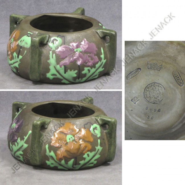 IMPERIAL AMPHORA ARTS & CRAFTS DESIGN 4-HANDLE JAR: IMPERIAL AMPHORA ARTS & CRAFTS DESIGN 4-HANDLE JARDINIERE, SIGNED. HEIGHT 3 1/2"; DIAMETER 8 1/4"