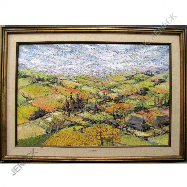 LIUBOSLAV HUTSALIUK (UKRAINIAN/AMERICAN 1923-2003): LIUBOSLAV HUTSALIUK (UKRAINIAN/AMERICAN 1923-2003) OIL ON CANVAS, VILLAGE LANDSCAPE, SIGNED 1971. 24 X 36"; FRAMED 32 X 43 1/2"