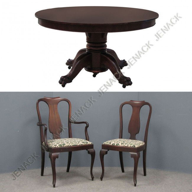SET INCLUDING QUEEN ANNE REVIVAL DINING SUITE: SET INCLUDING QUEEN ANNE REVIVAL CARVED MAHOGANY PEDESTAL BASE EXTENSION DINING TABLE; HEIGHT 30"; LENGTH 56" WITH (4) 10-INCH LEAVES & (5) DINING CHAIRS EN SUITE