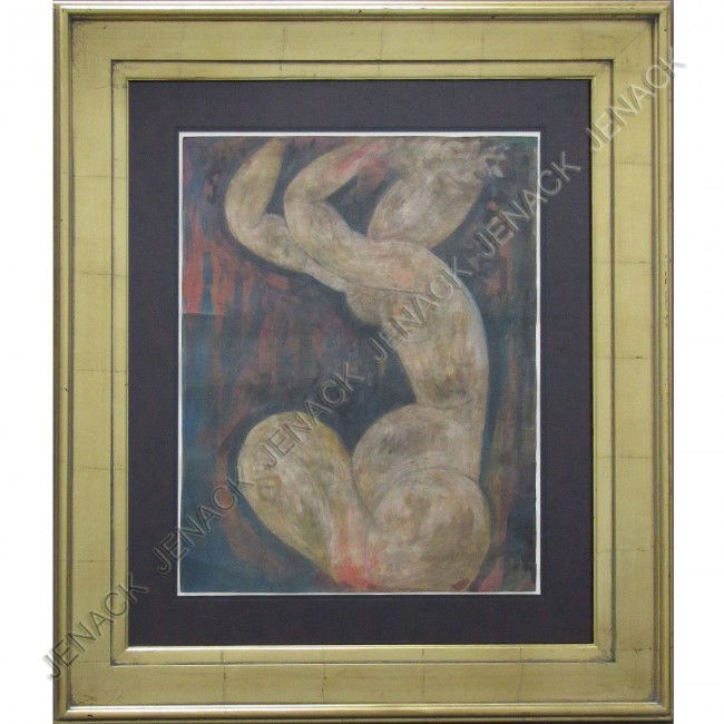 AFTER AMEDEO MODIGLIANI (ITALIAN 1884-1920): AFTER AMEDEO MODIGLIANI (ITALIAN 1884-1920), GRAPHITE, WATERCOLOR, AND GOUACHE, FEMALE FIGURE, SIGNED. SHEET 24 X 18"; FRAMED AND GLAZED-38 X 32" (SHEET EDGE TEARS)