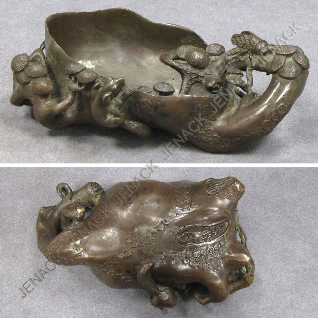 CHINESE BRONZE BRUSH WASH WITH SQUIRREL AND CICADA: CHINESE BRONZE BRUSH WASH WITH SQUIRREL AND CICADA. LENGTH 6 1/2"