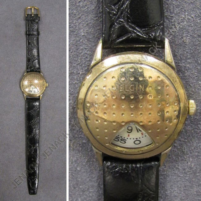 ELGIN GOLD FILLED 17-JEWEL WRISTWATCH: VINTAGE ELGIN GOLD FILLED 17-JEWEL MECHANICAL "GOLF BALL" HOODED WRISTWATCH. 30MM