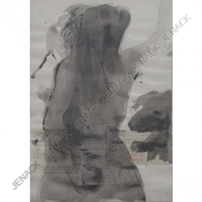 JOSEP GRAU-GARRIGA (SPANISH 1929-), MIXED MEDIUM: JOSEP GRAU-GARRIGA (SPANISH 1929-), MIXED MEDIUM, COLLAGE, & INK, FIGURE WITH DOG, SIGNED 1976. SHEET 27 1/2 X 19 1/2"