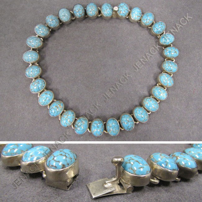 MEXICAN STERLING & FAUX TURQUOISE CHOKER NECKLACE: MEXICAN STERLING & FAUX TURQUOISE CHOKER NECKLACE. LENGTH 21"; GROSS WEIGHT 6.92 OZT