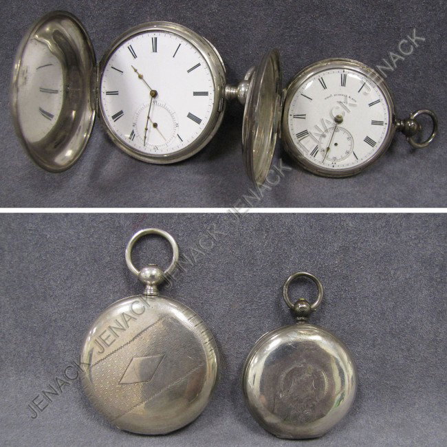 LOT (2) SILVER KEY WIND HUNTER CASE POCKET WATCHES: LOT (2) SILVER KEY WIND HUNTER CASE POCKET WATCHES INCLUDING M.I. TOBIAS, LIVERPOOL, 13-JEWEL #55889, 56MM; THOMAS RUSSELL & SONS, #75809, 1879 50MM