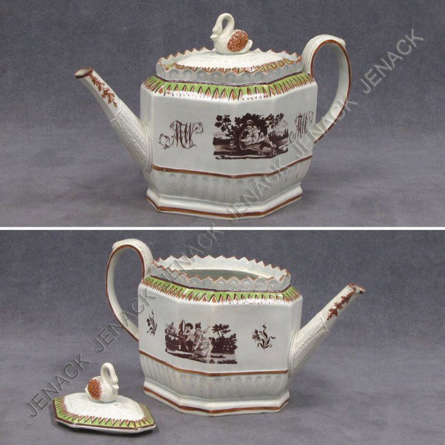 THOMAS HARLEY DECORATED CREAMWARE TEAPOT, C.1805: THOMAS HARLEY DECORATED CREAMWARE TEAPOT, C.1805. HEIGHT 7" (HAIRLINE)
