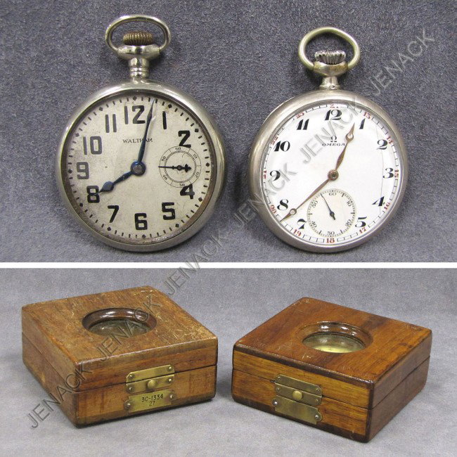 LOT (2) MAHOGANY CASED POCKET WATCHES: LOT (2) MAHOGANY CASED POCKET WATCHES INCLUDING WALTHAM SILVERODE 15-JEWEL; OMEGA .800 SILVER 15-JEWEL. BOXES 4 1/2 X 4 1/2"