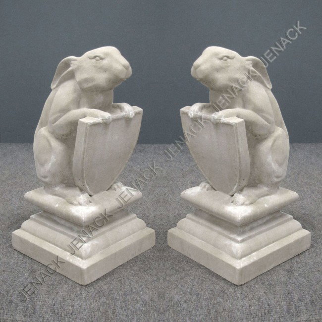 PAIR CAST STONE EDINBURGH HARES WITH CRESTS: PAIR CAST STONE EDINBURGH HARES WITH CRESTS. HEIGHT 23"