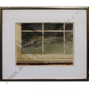 JOHN RUMMELHOFF, WATERCOLOR: JOHN RUMMELHOFF (AMERICAN/NY 1942-), WATERCOLOR, VIEW THROUGH THE WINDOW, SIGNED 1970. SIGHT 6 X 8"; FRAMED AND GLAZED-10 1/2 X 12 1/2"