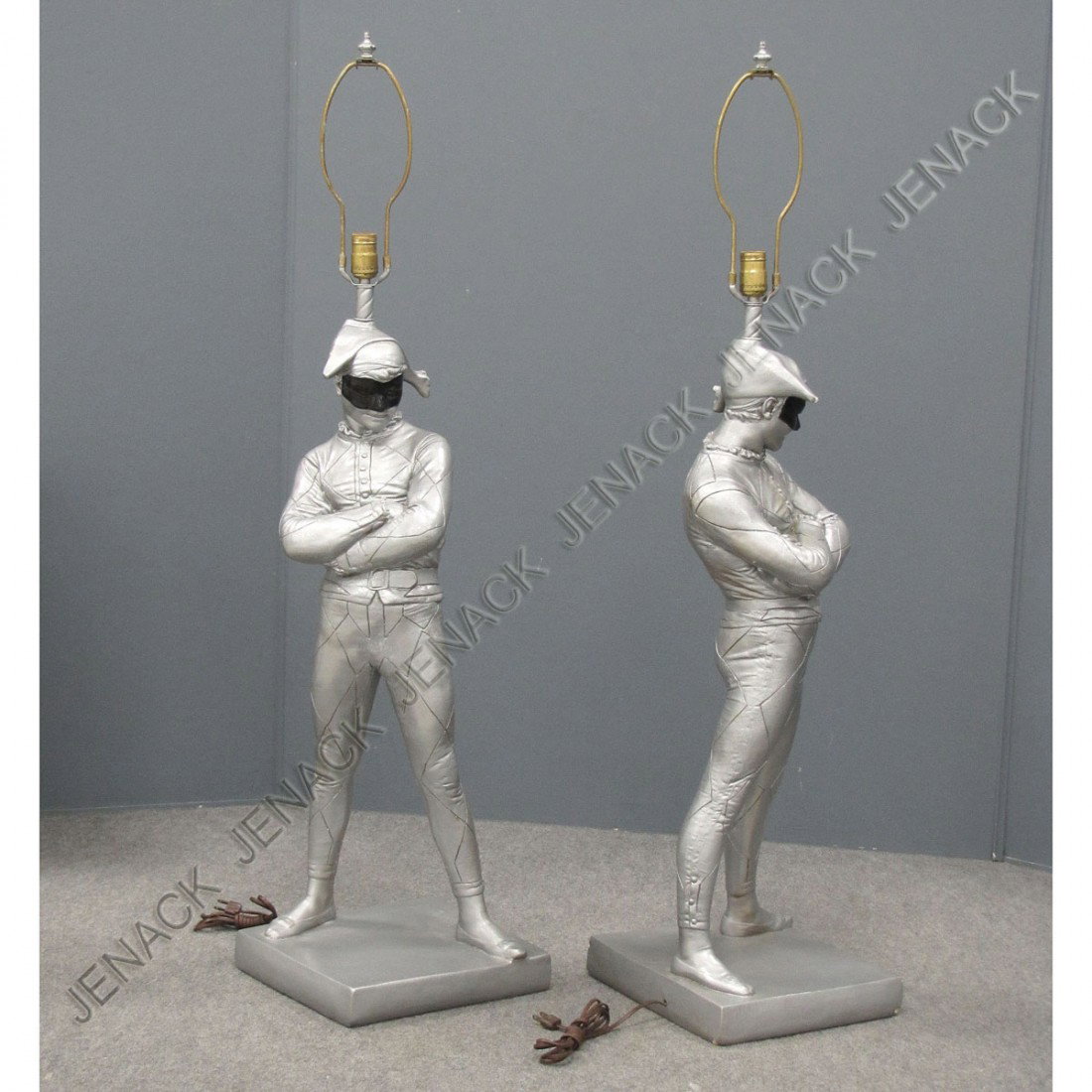 PAIR VINTAGE MARBRO ART MODERN LAMPS: PAIR VINTAGE MARBRO ART MODERN CAST AND PAINTED HARLEQUIN JESTER LAMPS, AFTER ST. MARCEAUX. HEIGHT 34"