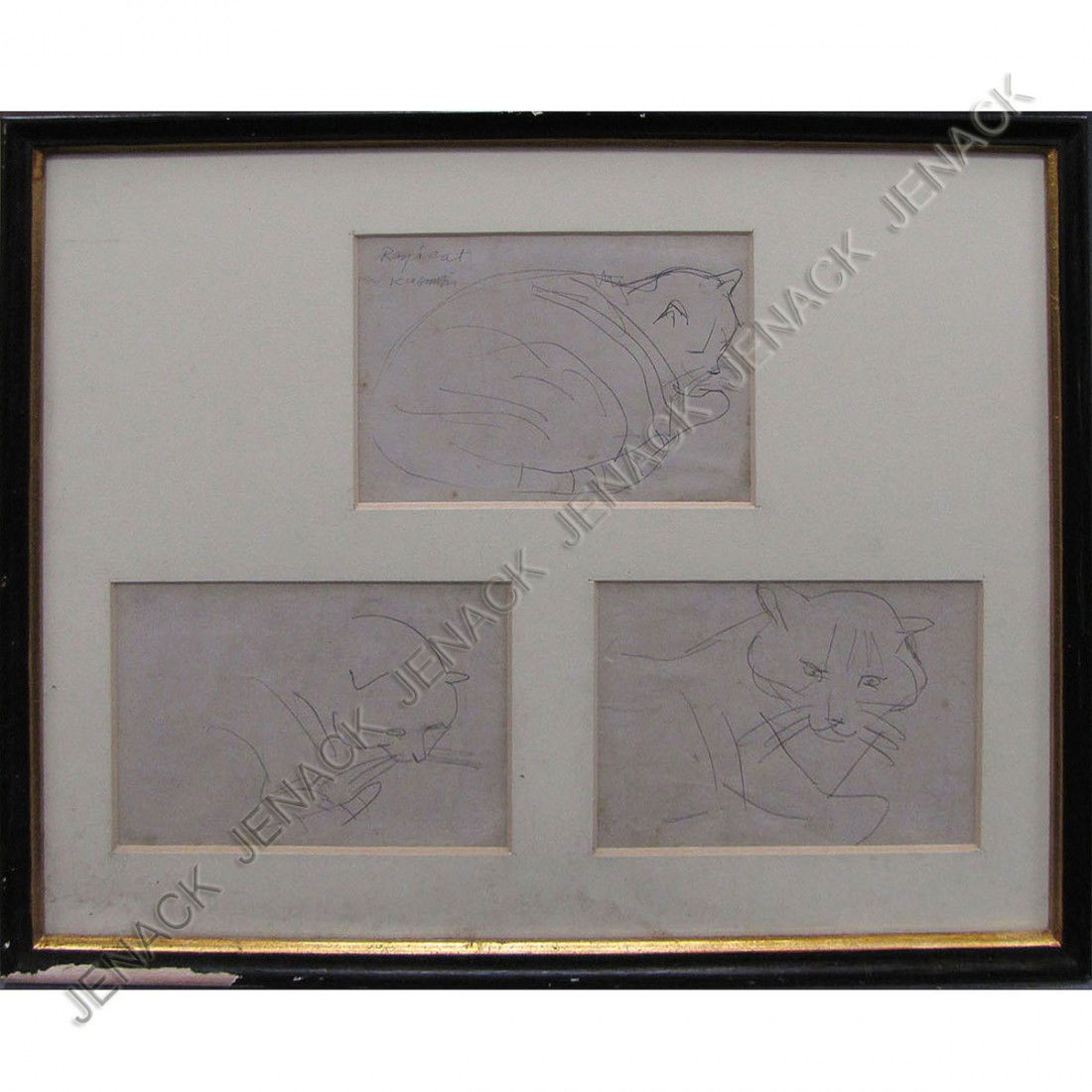 DONG MOY CHU KINGMAN (AMERICAN NY 1911-2000): DONG MOY CHU KINGMAN (AMERICAN NY 1911-2000), LOT (3) GRAPHITE SKETCHES, "RAY'S CAT", SIGNED. SIGHT EACH 4 X 6"; FRAMED AND GLAZED-12 1/2 X 16 1/2"