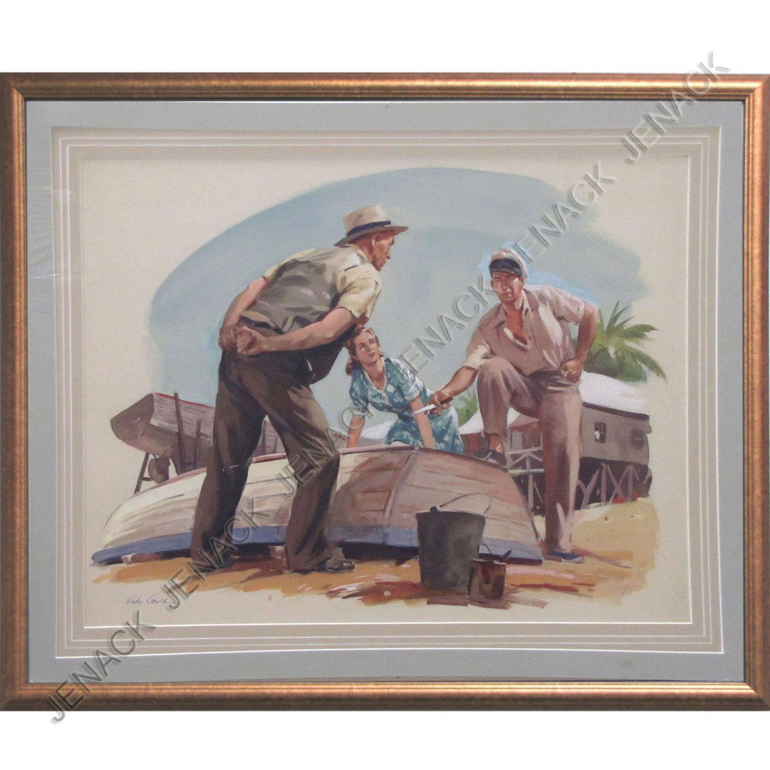 JOHN F. GOULD (AMERICAN 1906-1996), WATERCOLOR: JOHN F. GOULD (AMERICAN 1906-1996), WATERCOLOR, CONFRONTATION IN KEY LARGO, SIGNED C.1940'S. SIGHT 20 1/2 X 27"